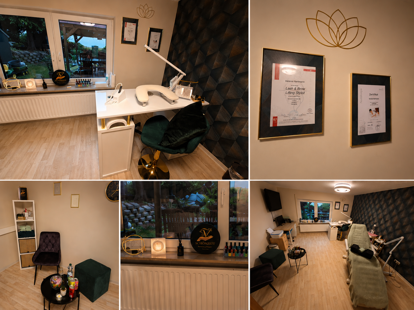 Studio Collage mit Arbeitsplatz, Zertifikaten und Wohlfühlbereich